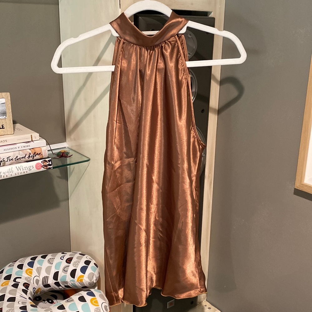 Bronze satin tie-back blouse